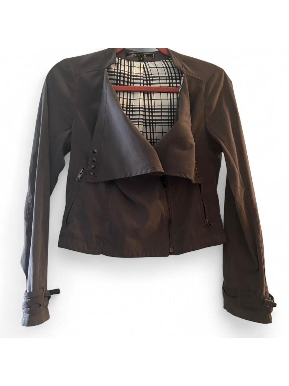 Love Stitch Cropped Jacket Small Studded Boho Plaid Satin Lined Statement Piece